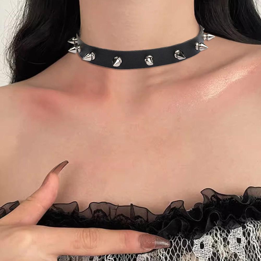 Black PU Leather Choker Neckla - đánh giá và giá Goth Punk Spike Choker